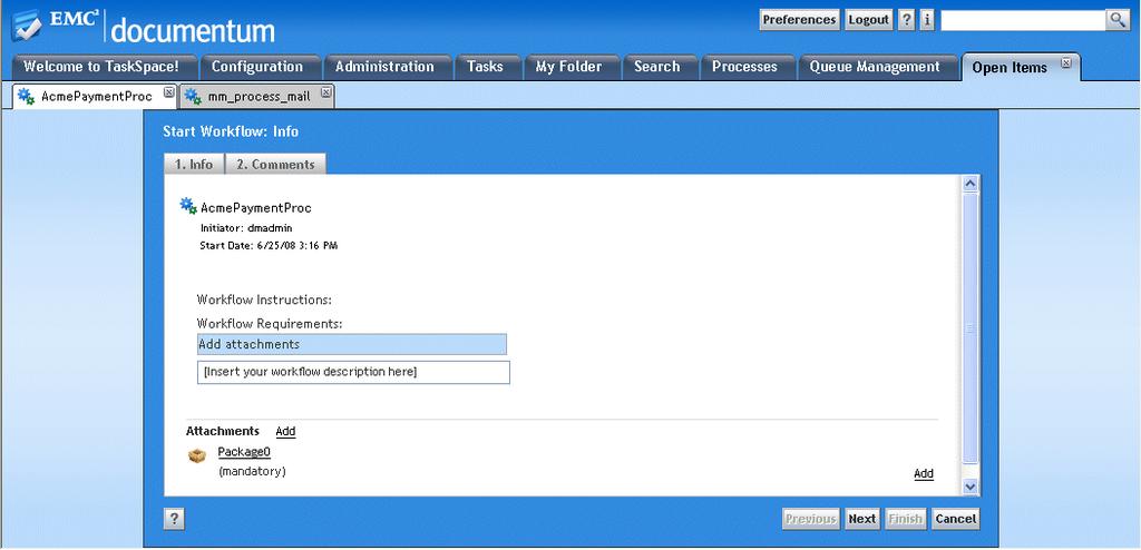Getting Started Figure 9. Sample initiate process view You can configure how users start processes (process initiation) in two different ways.