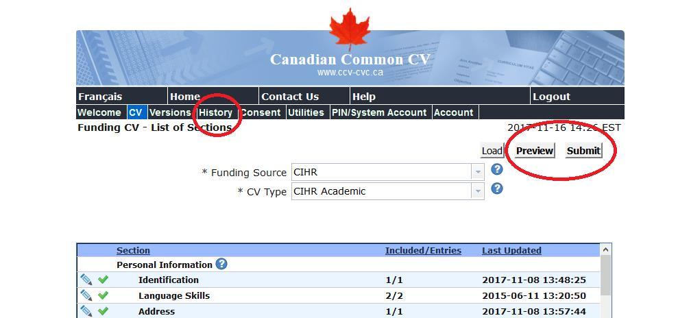 Submitting the CCV (2) If a funding agency requests a PDF of your CCV, after submitting, use the