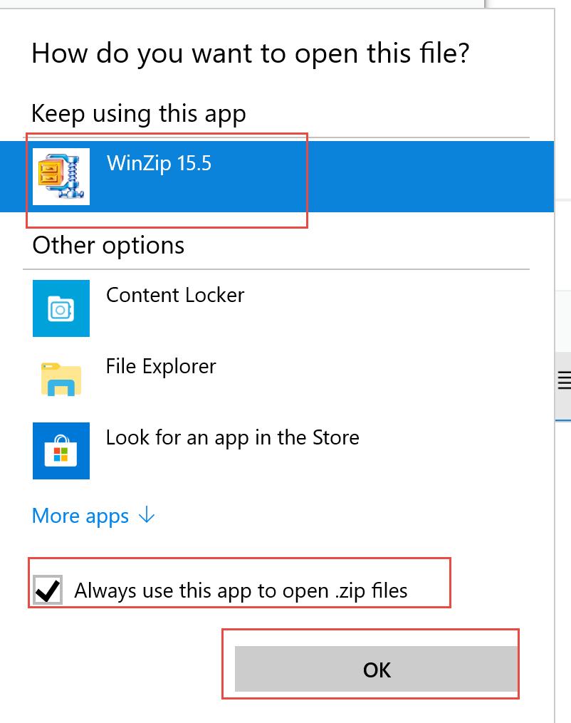 WinZip or File Explorer should already be the default. Select OK. Extract or perform File > Save As or Extract as normal.