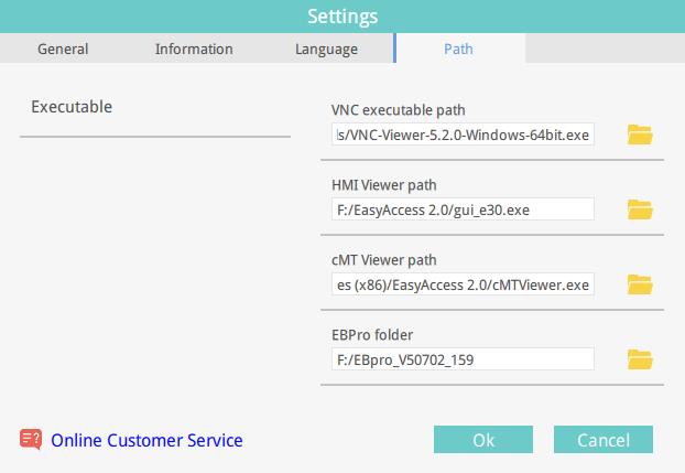 Settings Tab General» Network traffic Information Language Path» Executable Description Options: Show all HMI Network traffic Disable Weintek P2P Enable sending log for debug Software version and the