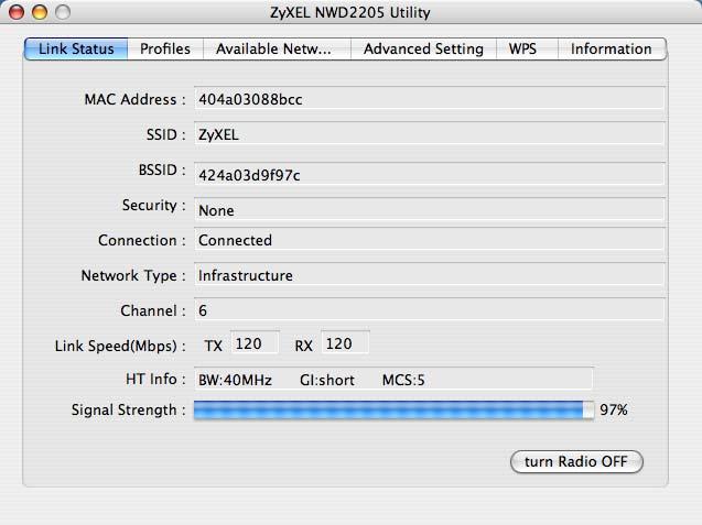 Chapter 3 ZyXEL Utility - Mac OS X Table 3 ZyXEL Utility: Menu Summary (continued) TAB Available Network Advanced Setting WPS Information DESCRIPTION Use this screen to: scan for a wireless network