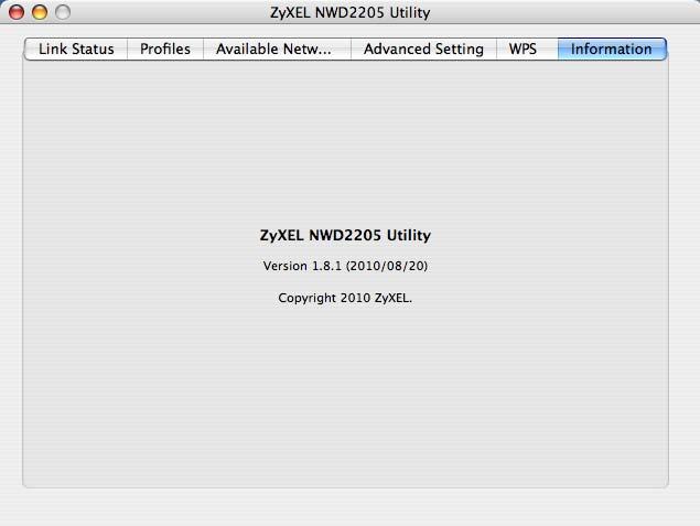 Chapter 3 ZyXEL Utility - Mac OS X 3.8 The Information Screen This screen shows you the driver, utility version of your NWD2205.