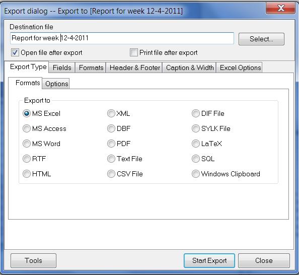 Export and create a report in 15 formats for easy emailing and updating information to weekly, monthly and yearly reports.