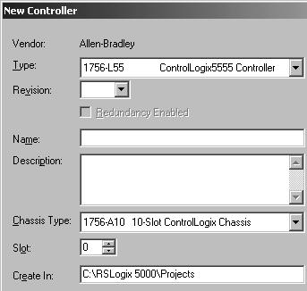 Program and Test a Simple Project 1-3 Create a Project 1. Start RSLogix 5000 software. 2. Click the New button. 3.
