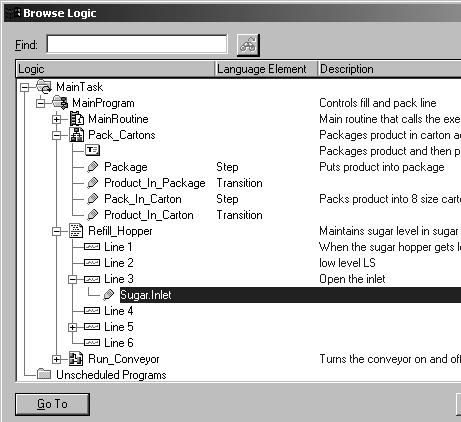 In RSLogix 5000 software, choose Search Browse Logic. 2. To expand an entry and see its contents, either: Double-click the entry.