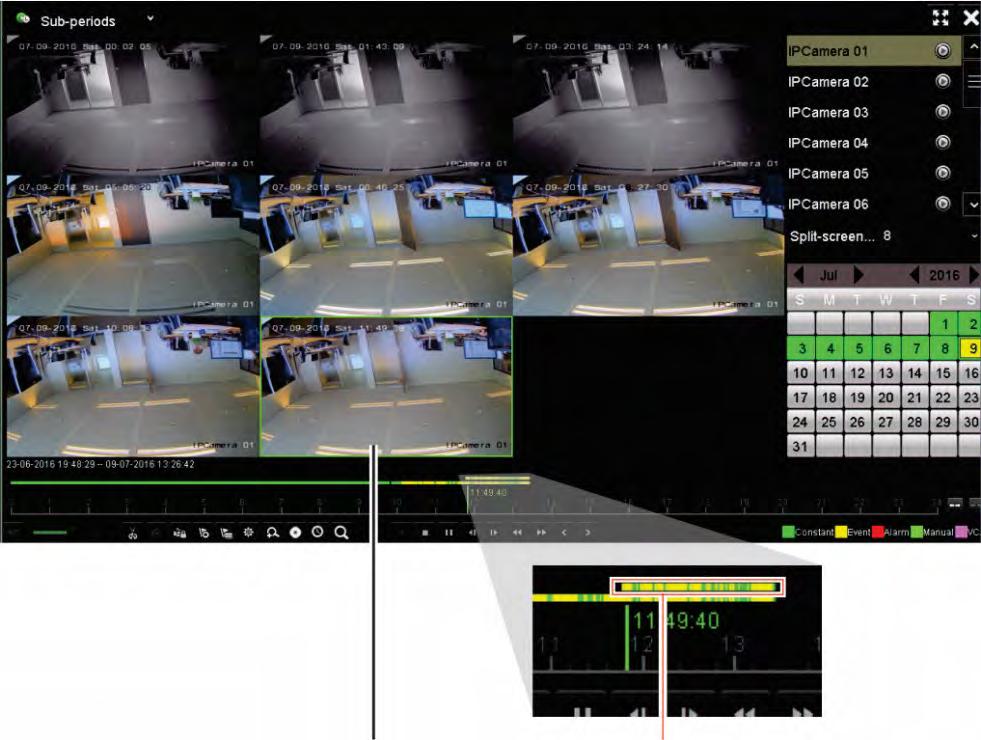 Chapter 7: Playback functionality Figure 18: Example of an eight split-screen playback Selected split screen Playback bar of the selected split screen To do a split-screen playback: 1.