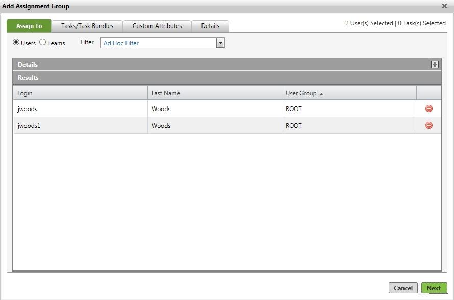 Completing the Assign To Tab On the Assign To tab, select the users that will receive this assignment.