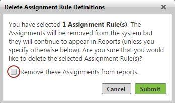 Deleting an Assignment Rule When you delete an assignment rule 2, it is removed from the Intradiem system, and is no longer available, and no longer delivers assignments.
