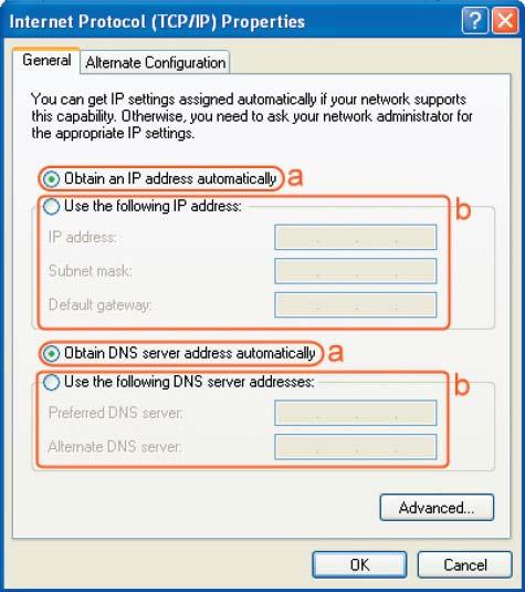 Select the [General] tab. a. If your Wireless Router supports [DHCP] function, please select both [Obtain an IP address automatically] and [Obtain DNS server address automatically]. b. If the router does not support [DHCP] function, you have to configure the IP and DNS settings.