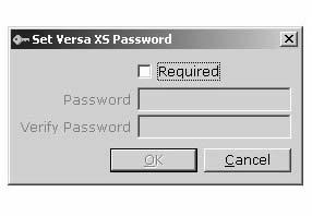 PASSWORDS Versa XS passwords can range in length from 1 to 10 characters and/or numbers (alphanumeric). When Versa XS prompts you for a password you must enter it to start the application.