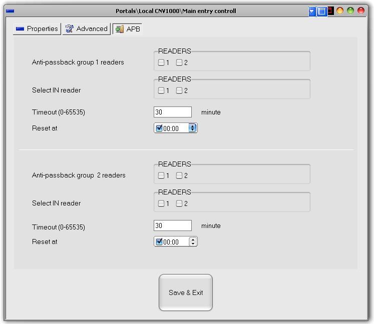 Configure two Anti-passback reader groups if required - Anti-passback group readers: select the readers in the APB group - Select IN reader: Select the readers allowing entry to the protected area in