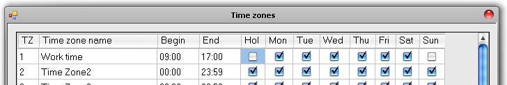 Access settings Time zones Time zones are time periods with validity defined by a start and stop time in a day, weekdays and holidays tag. The total number of time zones is 24.