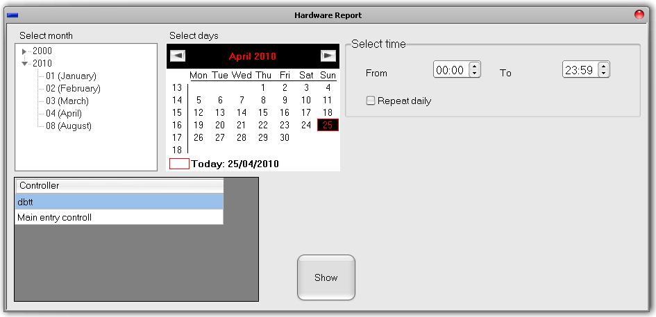 HardwareReport Load report window Double-click on the Access item in the expanded Reports item to open the Hardware report window Set time and controllers filters Expand the month window and click on