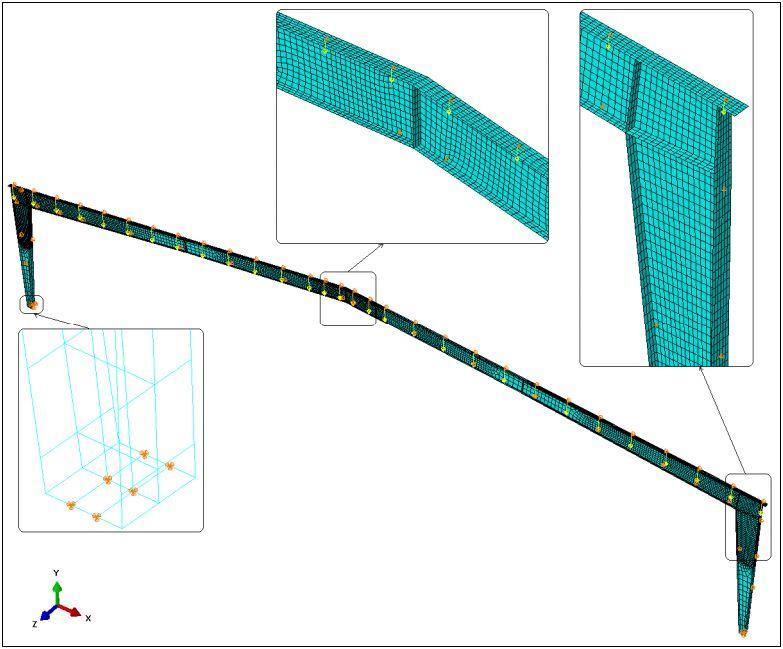 Figure 32: Boundary conditions On the upper flange of the beams, where the purlins are located, a load of 3.5 kn is applied, see Figure 33.