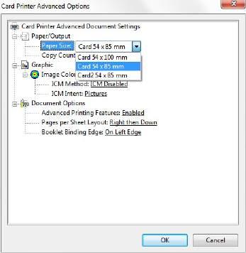 Click Setup to open Card Printer Printing Preferences. Go to Card Printer Printing Preferences Advanced Paper Size and select the upper/lower Input Hopper.