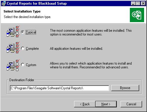 INSTALLING CRYSTAL REPORTS 8.5 19 4. Select I accept License Agreement and click Next. A screen appears asking you to select an installation type. 5.