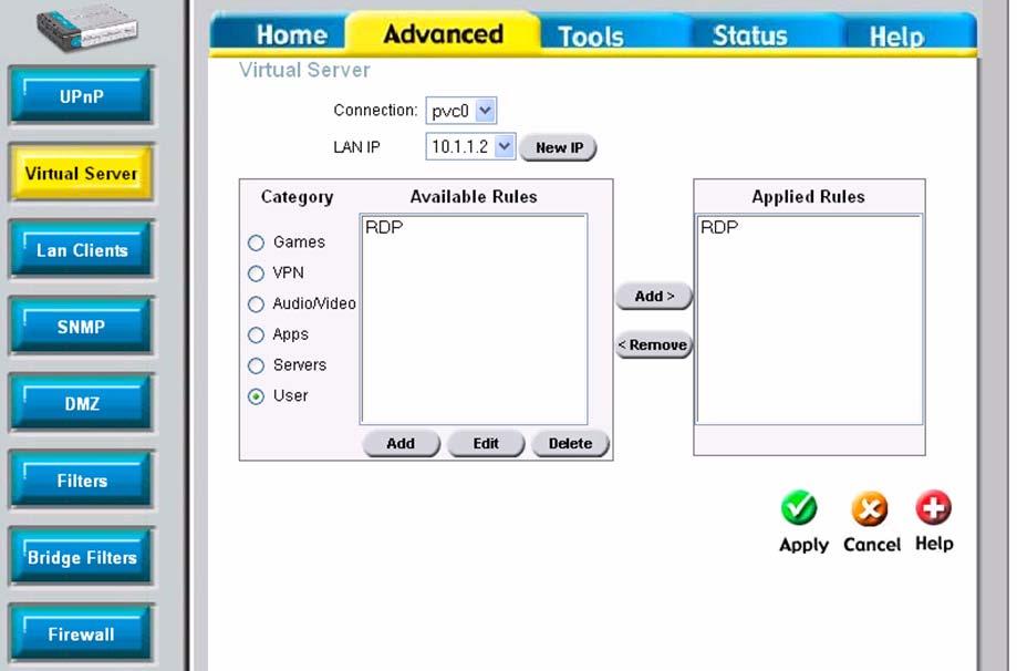Step 5. Opening ports. Go to Advanced > Virtual Server and under LAN IP select your LAN Client (which we added in Step 3).