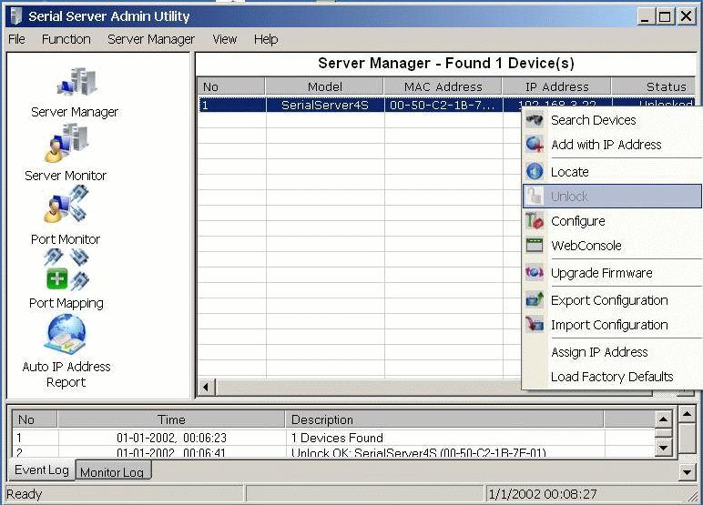 The Serial Server Admin Utility Support WIN XP/VISTA/2003 Server/2008 Server 32/64 bit, 2000 Server/Win 7. Insert the TRP-Serial CD, find the TRP-C34H s folder Utility and run PortSetup.
