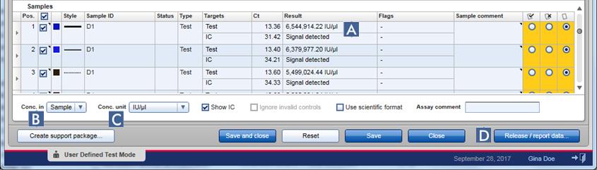 d) The calculated concentration factor will be displayed ( D ). e) Click "OK" ( E ).