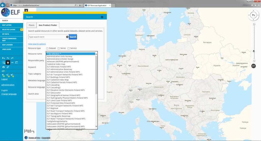 User access points through ELF Geo Product Finder in the Showcase application demo.locationframework.