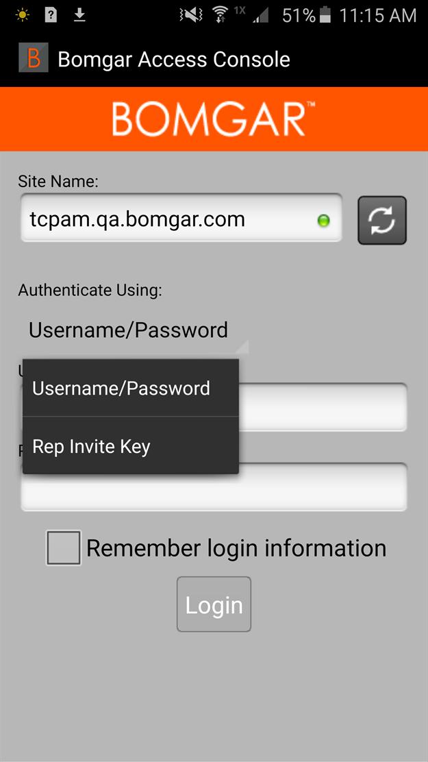 Login to the Access Console for Android From the login screen, enter your Bomgar site hostname, such as access.example.com.