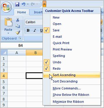 To Add Commands to the Quick Access Toolbar 1. Click the arrow to the right of the Quick Access toolbar. 2. Select the command you wish to add from the drop-down list.