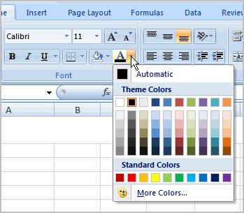 To Change the Text Color 1. Select the cell or cells you want to format. 2. Left-click the drop-down arrow next to the Text Color command.