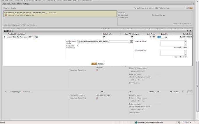 18. Scroll down to the Product Description section of the requisition and locate the cart item