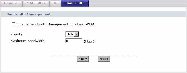 Chapter 9 Guest WLAN Click Network > Guest WLAN > Bandwidth. The following screen appears. Figure 68 Network > Guest WLAN > Bandwidth The following table describes the labels in this screen.