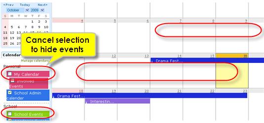 To show events that your are interested in, you can select the checkboxes before relevant calendars.