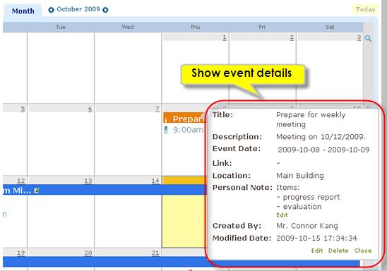 icalendar Lite displays short events using colored boxes on the calendar grids.