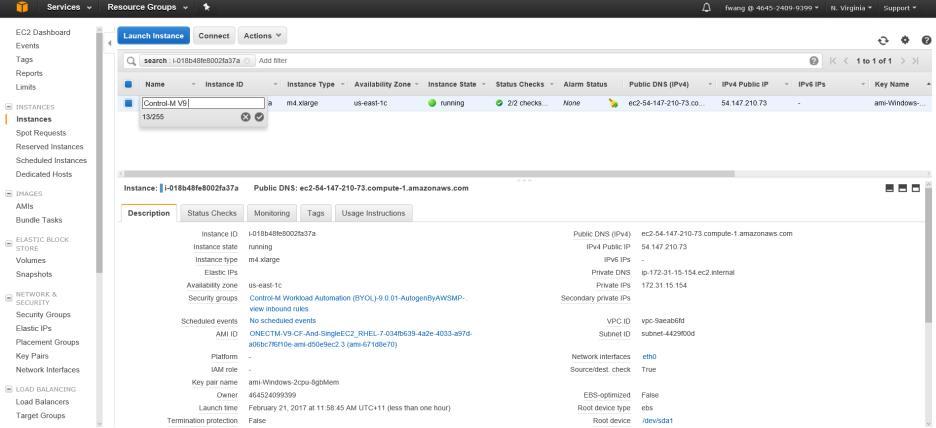 7) Find your AWS instance, and click Manage in AWS Console Figure 31: View Instances 8) Now, Control-M