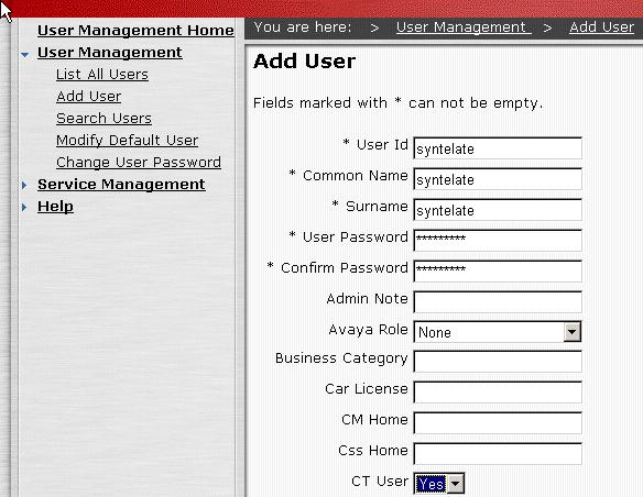 5. A user Id and password must be configured for the syntelate Agent application and for Avaya CTIDialer (not shown) to communicate as a TSAPI Client with the AE Services.