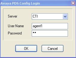 4. In Avaya PDS Config Login dialog box, enter the following: Server Select the Avaya CTIDialer name from the drop down list.