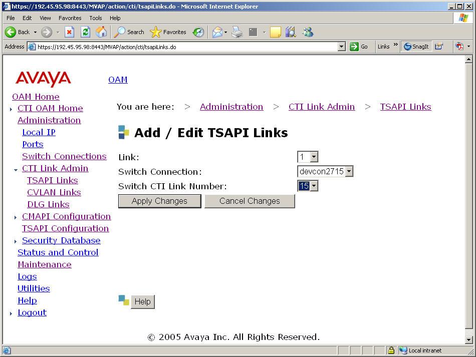 3. From the CTI OAM Home menu, select Administration CTI Link Admin TSAPI Links. Click on Add Link (not shown).