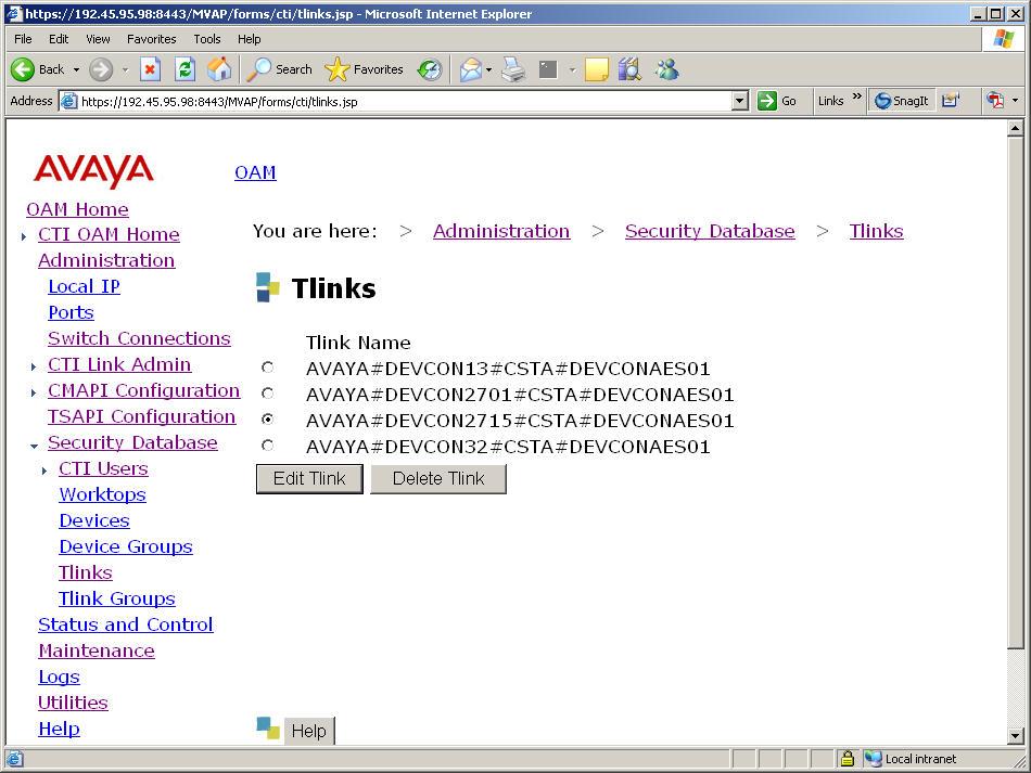 4. Navigate to the Tlinks screen by selecting Administration Security Database Tlinks.