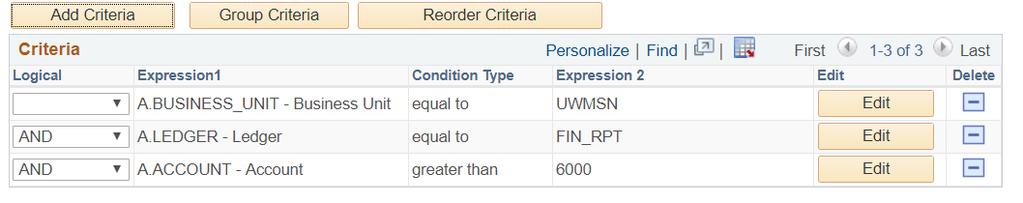 c. If you need to add criteria on fields that are not included in your result set, you can add the criteria using on. You can also add criteria to your query on any screen where you see the icon. i. In the Choose Expression 1 Type box, select the Expression radio button.