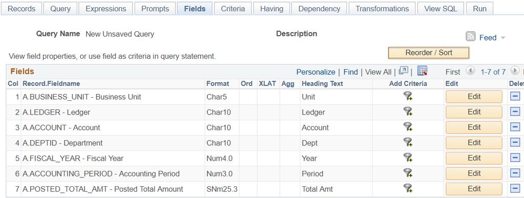 4. - To add fields for the query, check the corresponding box to the left of the field name. To add every field in the record to the query, click. To remove all fields, click.