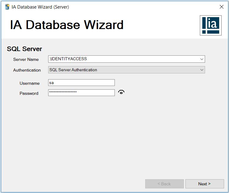 When presented with the IA Database Wizard, select the appropriate SQL Server from the drop down list or type in the PC/IP Address followed by the SQL Server Instance Name (as default the instance