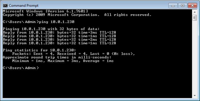 1. Run the Command Prompt (see Appendix C - Windows Commands), then enter the command ping 10.0.1.230 and confirm that the i-net Controller is able to reply: 2.