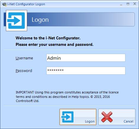i-net Configurator can also be run from within IA by selecting a controller in the Controller Manager window and clicking the icon The login screen will then be displayed: NOTE: The default login
