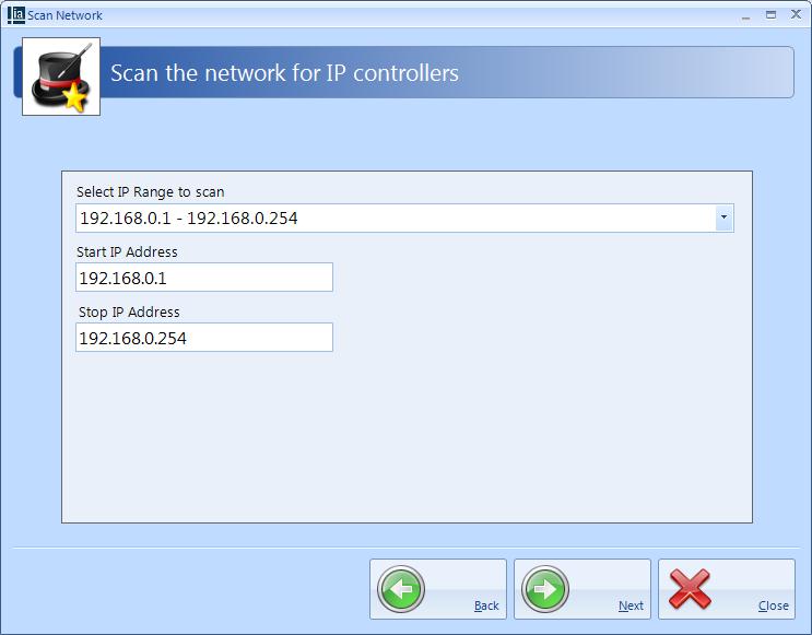 Select the Find IP Controller Wizard. Select the Start IP Address and Stop IP Address to define the range to be scanned: The software will then find all IP devices within that range.