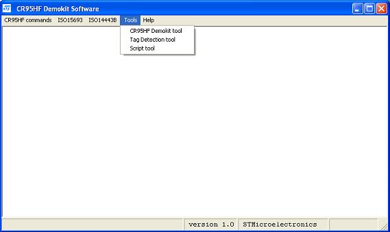 2.6 Tools menu Select the Tools menu to launch one of the following tools (see Figure 34): DEMO-CR95HF-A tool box (see Section 2.6.1: DEMO-CR95HF-A toolbox) This menu allows the user to send requests to the DEMO-CR95HF-A board.