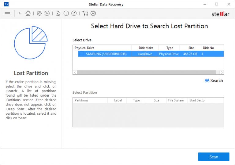 6. In the Select Drive section all the hard drives connected to the system are listed with their details. From this section, choose a hard drive you want to scan for lost partitions and click Search.