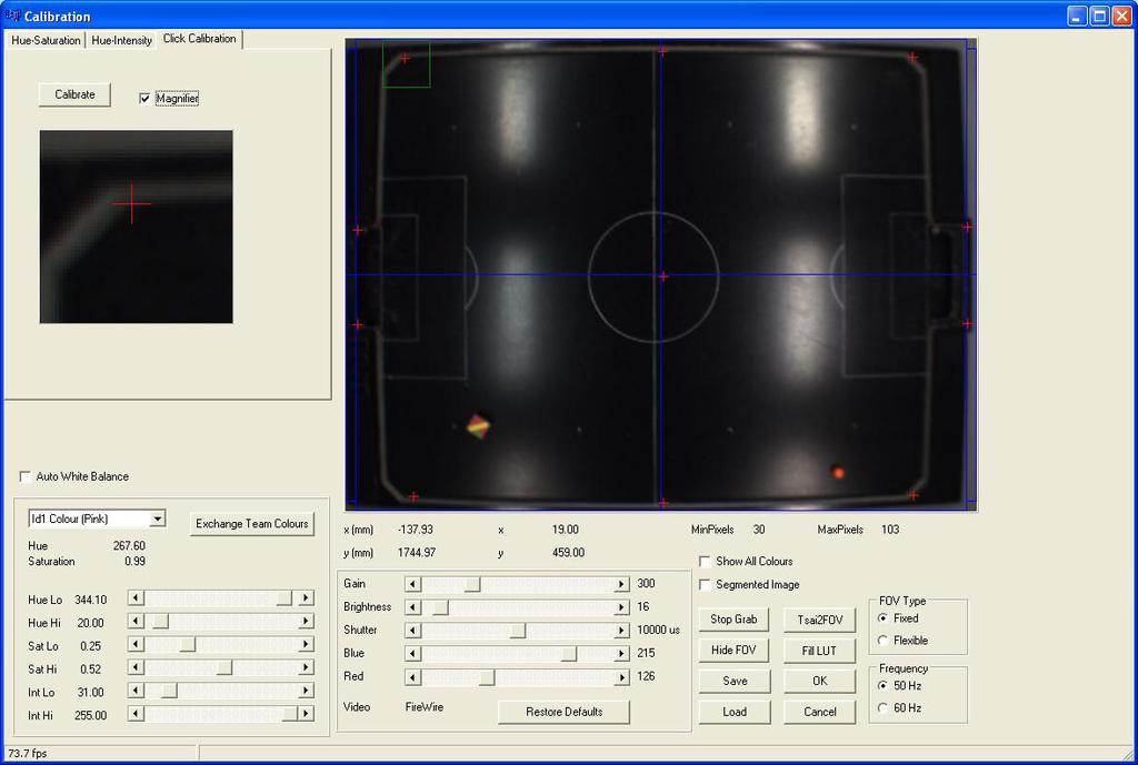 System Setup Calibration of Coordinates 2. First drag the green square to the top corner of the soccer pitch. In the magnified image, drag the cross to the inner corner of the pitch.