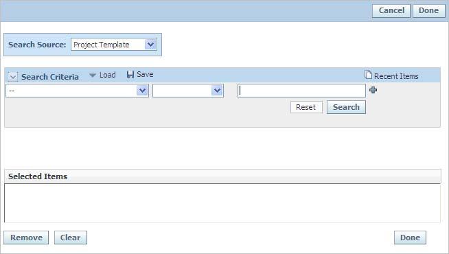 Replacing a User Figure 9 2 Template search page 7. Select a template type in the dropdown list. 8. Use the key field drop down list, operator, and search term fields to search and select a template.