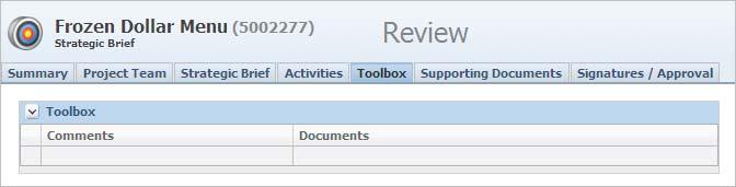 Figure 2 10 Activities tab Toolbox Tab Use the Toolbox tab to attach business documents that are used as templates, as Figure 2 11