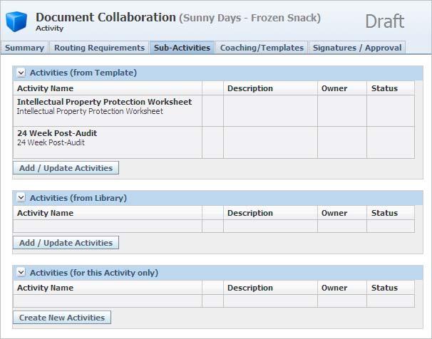 Activities Sub-Activities Tab Use the Sub-Activities tab to add and manage sub-activities of a project. The transitioning of an activity s workflow can be dependent on one of its sub-activities.