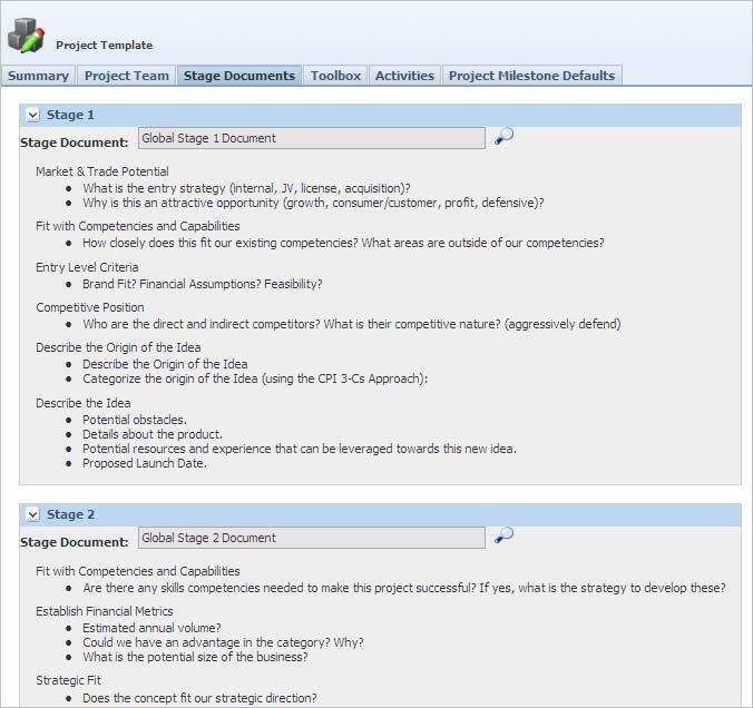 Project Templates Stage Documents Tab The Stage Documents tab, shown in Figure 5 26, lists stage and strategic brief questions related to each