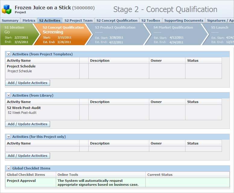 Projects Activities Tab (Stage-Specific) The Activities tab is stage-specific and is used to manage activities for the project.